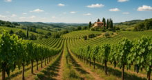 Vineyard rows lead to a beautiful tuscan villa
